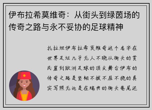 伊布拉希莫维奇：从街头到绿茵场的传奇之路与永不妥协的足球精神