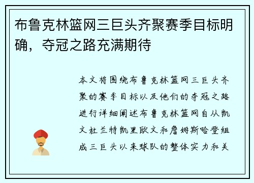 布鲁克林篮网三巨头齐聚赛季目标明确，夺冠之路充满期待