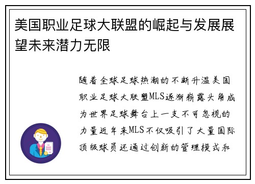 美国职业足球大联盟的崛起与发展展望未来潜力无限